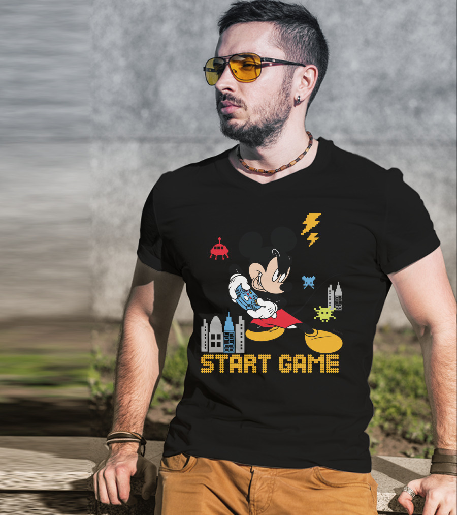 Mickey Holding Controller Retro Gaming City Start Game T-Shirt