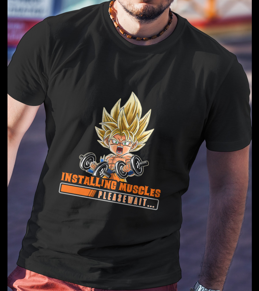 Installing Muscles Please Wait Super Saiyan Dumbbells Fitness Power Up T-Shirt