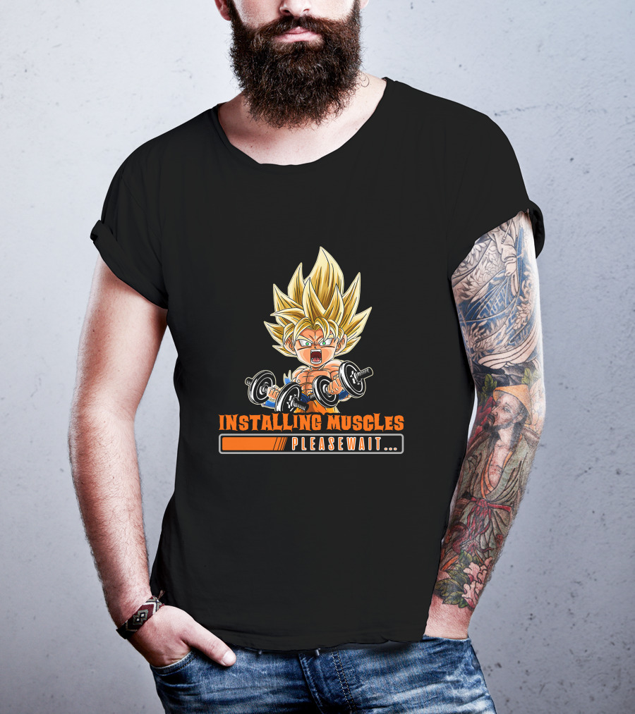 Installing Muscles Please Wait Super Saiyan Dumbbells Fitness Power Up T-Shirt
