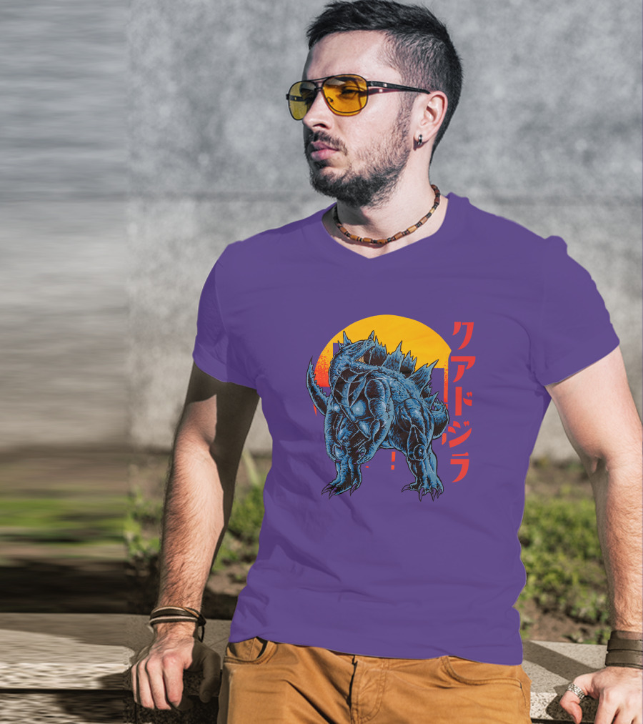 Raging Tobey Raskolapparel Quadzilla Kaiju Monster Retro Sunset Kanji T-Shirt