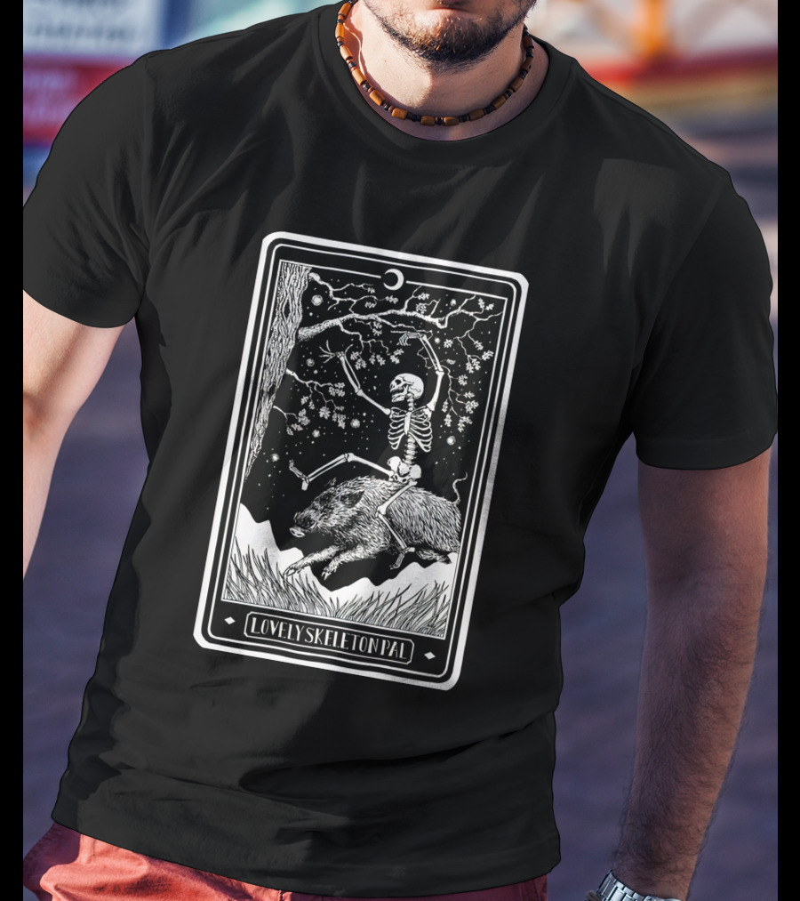 Lovely Skeleton Pal Johnny Chiodini Ever Press Store Merch Riding Wild Boar In Starry Night Scene T-Shirt