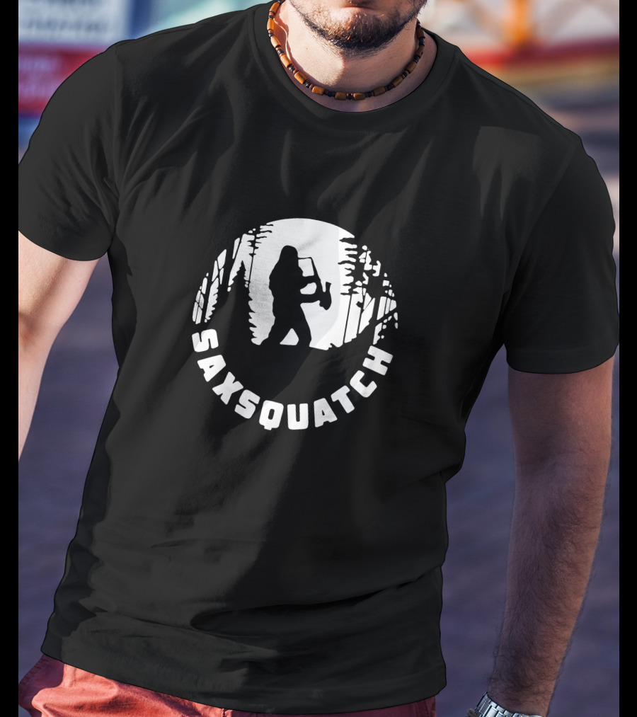 Saxsquatch Forest Silhouette Playing Saxophone T-Shirt