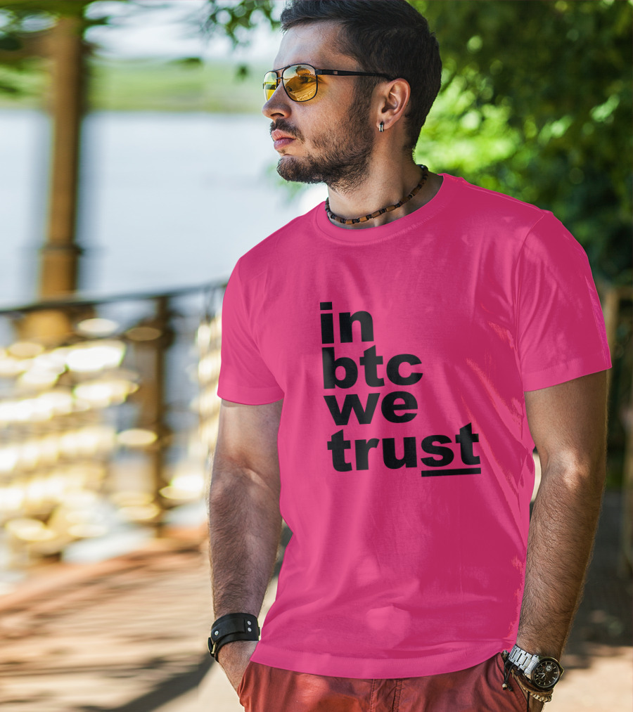 Bitcoin Merch In BTC We Trust Bold Text Pink Background T-Shirt