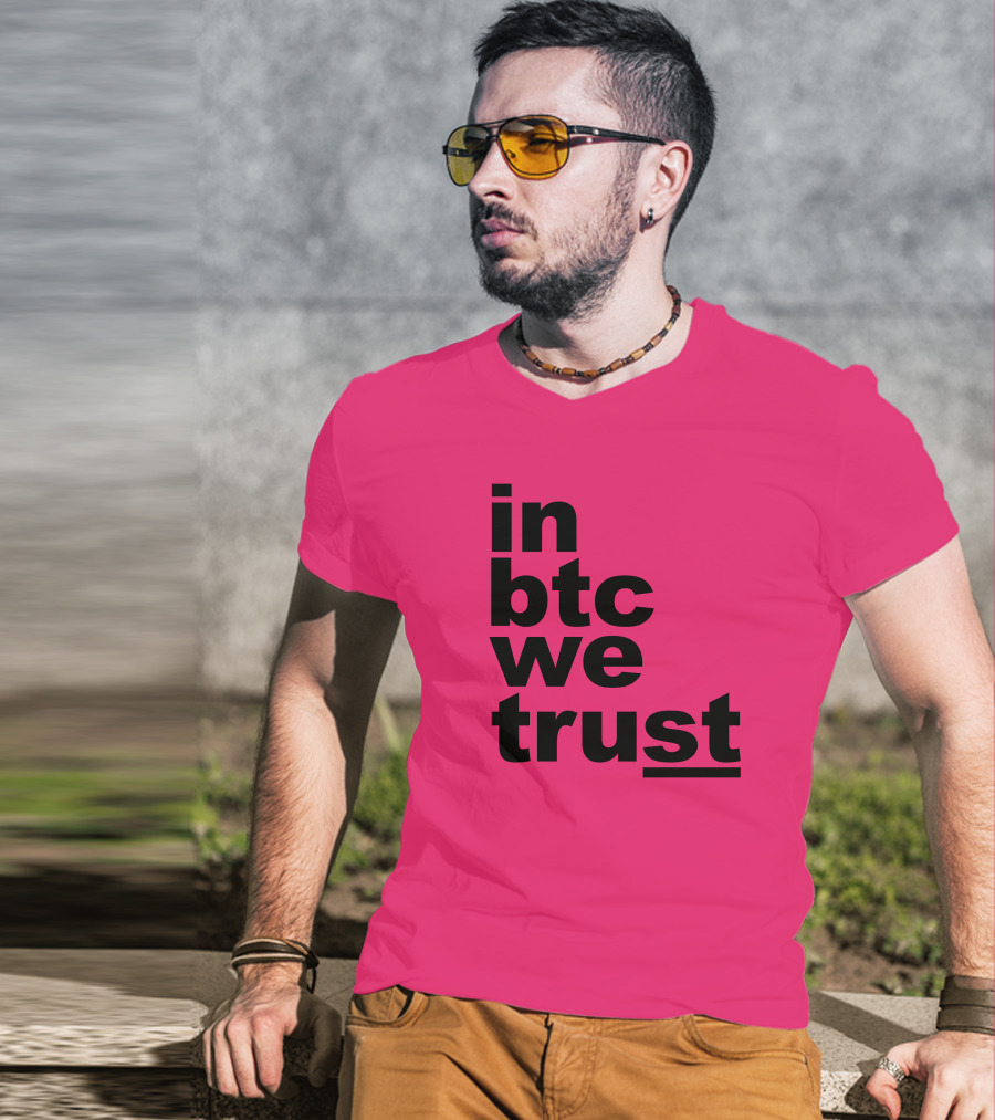 Bitcoin Merch In BTC We Trust Bold Text Pink Background T-Shirt