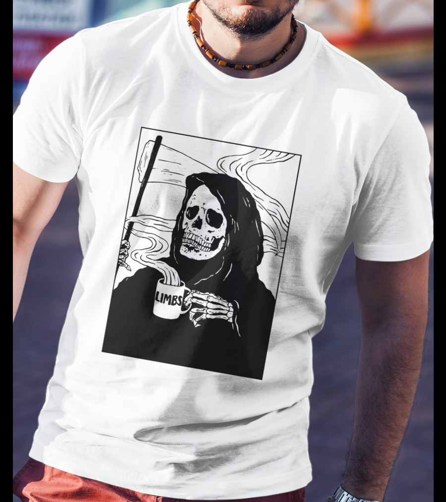 Chelsea Grin Down Right Merch Limbs Coffee Reaper Skeleton Holding Scythe And Mug T-Shirt