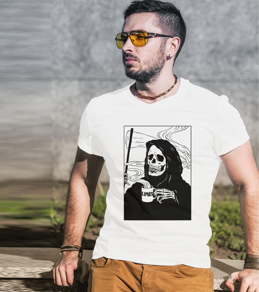 Chelsea Grin Down Right Merch Limbs Coffee Reaper Skeleton Holding Scythe And Mug T-Shirt