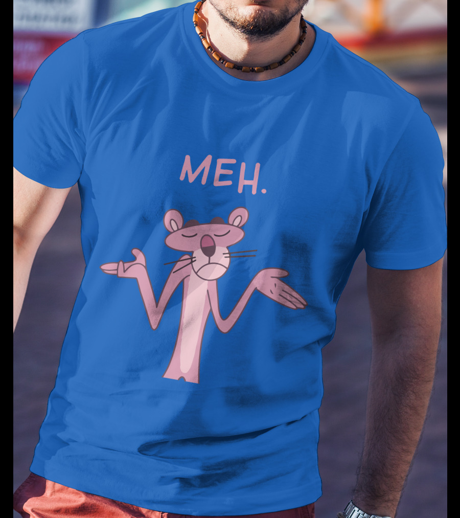 Qwertee Pink Panther Meh Apathy Blue Background T-Shirt