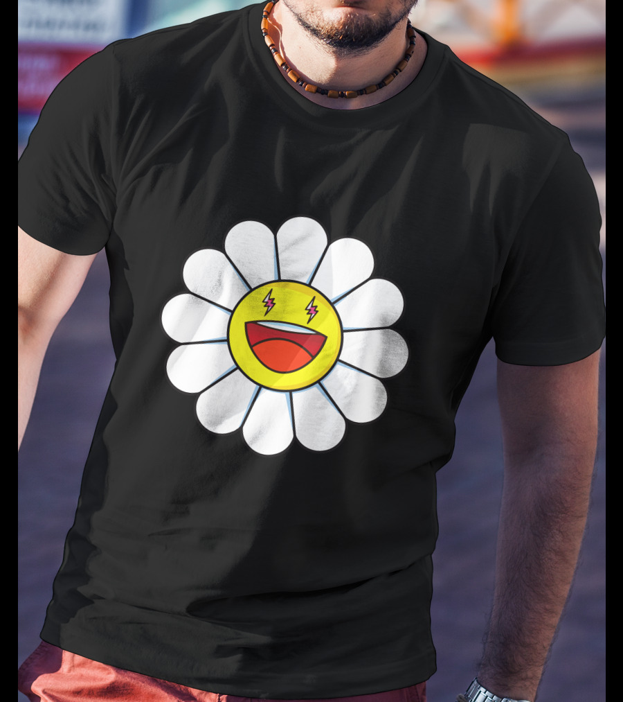 J Balvin Merch Blanco Large Flower Smiley Face With Lightning Eyes T-Shirt