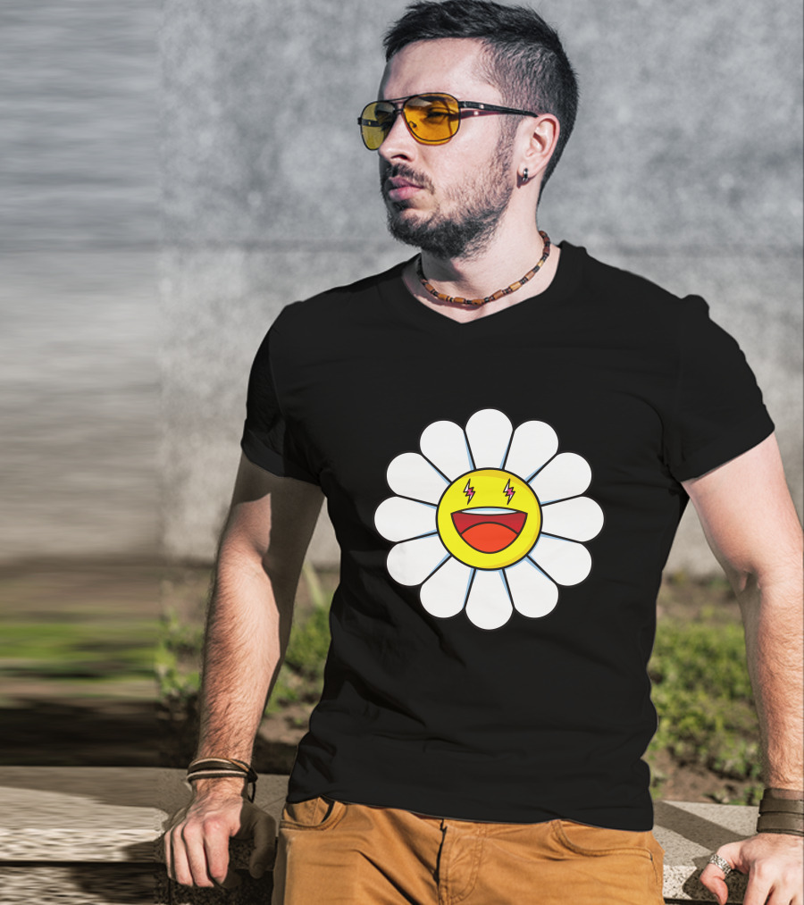 J Balvin Merch Blanco Large Flower Smiley Face With Lightning Eyes T-Shirt
