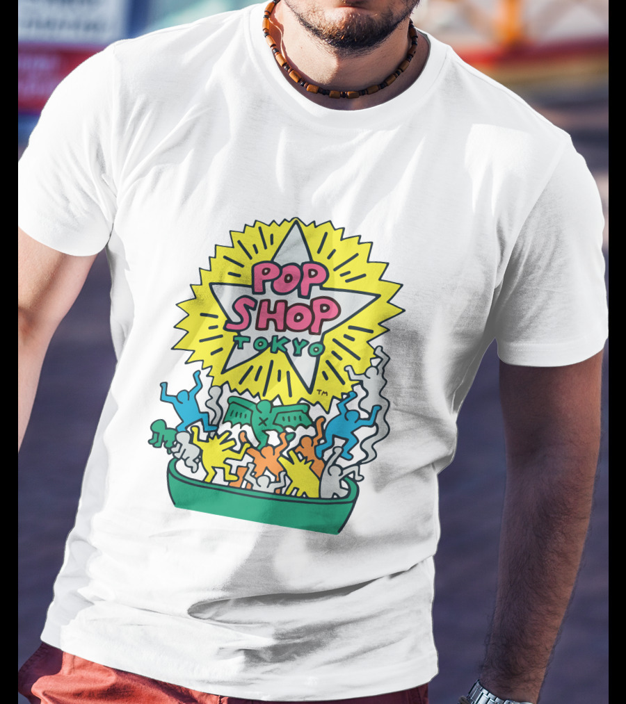 Orange Keith Haring Pop Shop Tokyo Starburst Colorful Figures T-Shirt