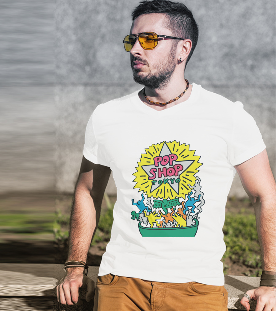 Orange Keith Haring Pop Shop Tokyo Starburst Colorful Figures T-Shirt