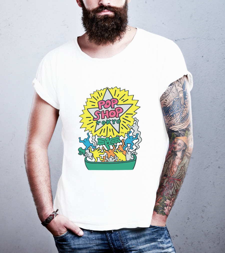 Orange Keith Haring Pop Shop Tokyo Starburst Colorful Figures T-Shirt