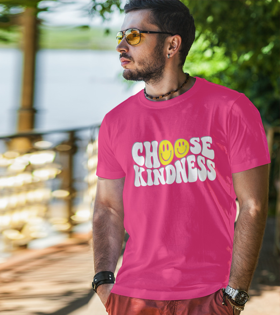 Miss Natali S Choose Kindness Smiley Face Groovy Font Pink Background T-Shirt