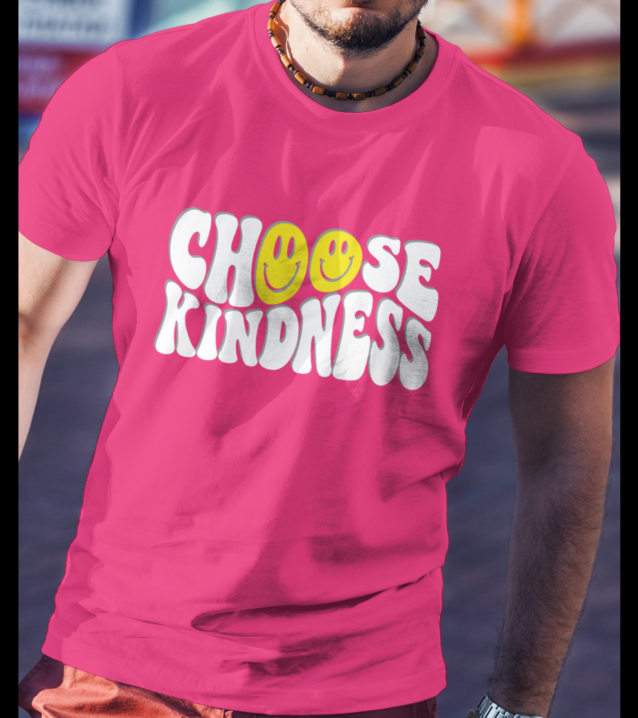 Miss Natali S Choose Kindness Smiley Face Groovy Font Pink Background T-Shirt