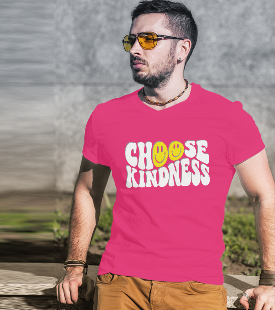 Miss Natali S Choose Kindness Smiley Face Groovy Font Pink Background T-Shirt