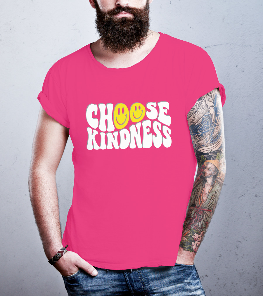 Miss Natali S Choose Kindness Smiley Face Groovy Font Pink Background T-Shirt
