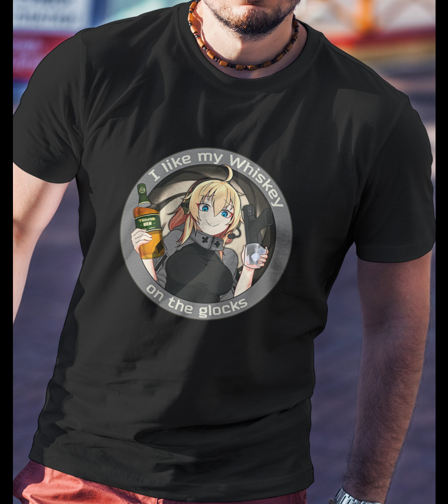 Waifu Dynamics Merch Whiskey Glocks Anime Character I Like My Whiskey T-Shirt