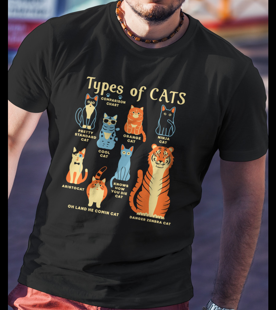 Types Of Cats Comparison Chart Pretty Standard Cat Orange Cat Ninja Cat Cool Cat Aristocat Danger Zenbra Cat Knows How You Die Cat Oh Land He Comin Cat T-Shirt