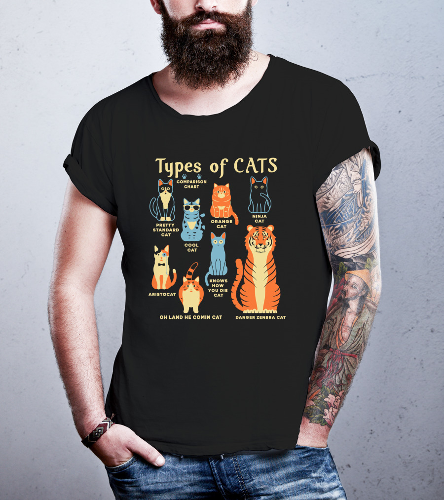 Types Of Cats Comparison Chart Pretty Standard Cat Orange Cat Ninja Cat Cool Cat Aristocat Danger Zenbra Cat Knows How You Die Cat Oh Land He Comin Cat T-Shirt