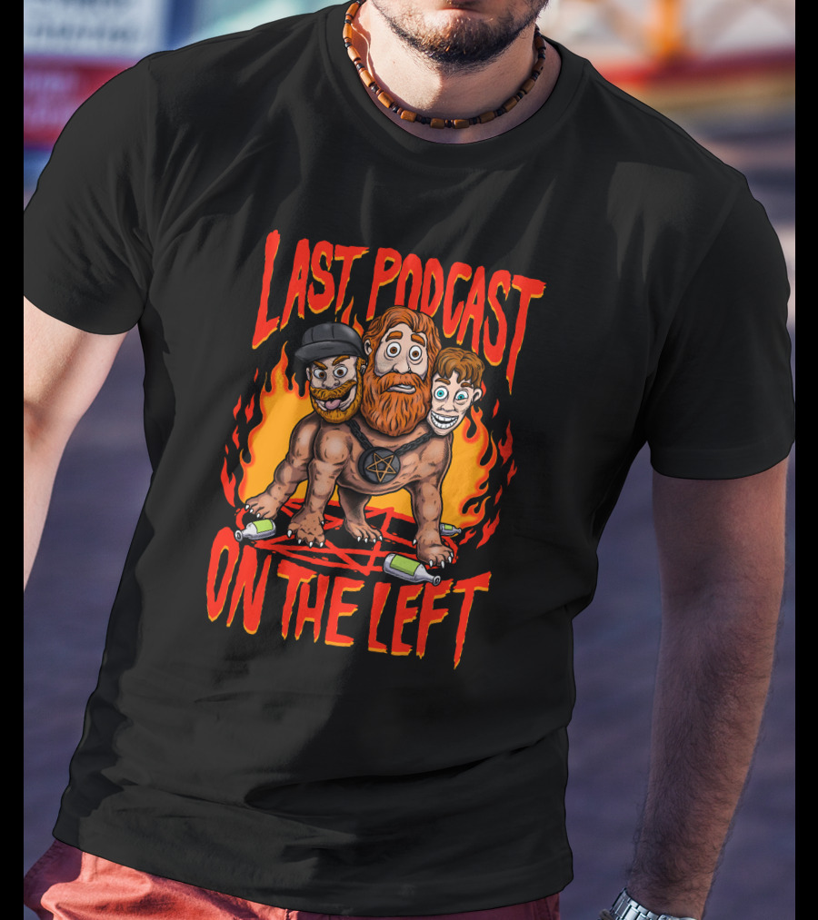 Last Podcast On The Left Hellhound Fire Pentagram Three-Headed Cartoon T-Shirt