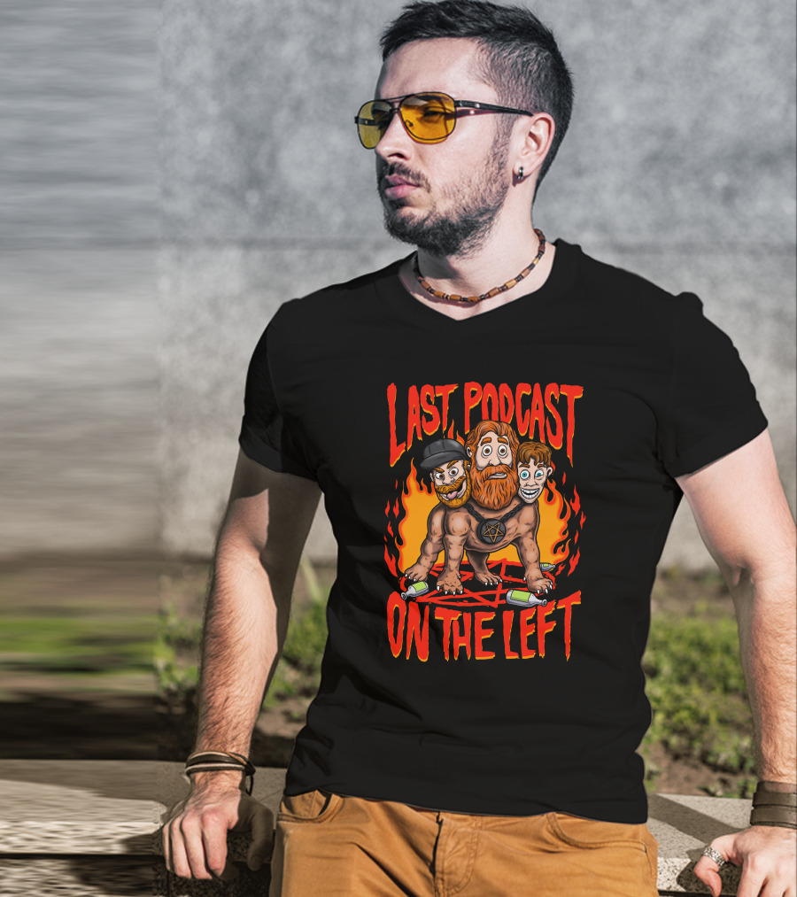 Last Podcast On The Left Hellhound Fire Pentagram Three-Headed Cartoon T-Shirt