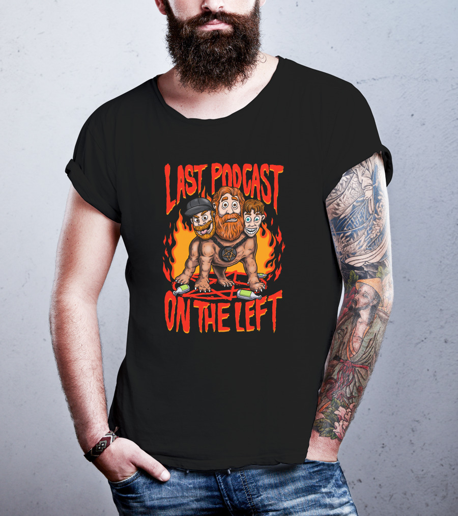 Last Podcast On The Left Hellhound Fire Pentagram Three-Headed Cartoon T-Shirt
