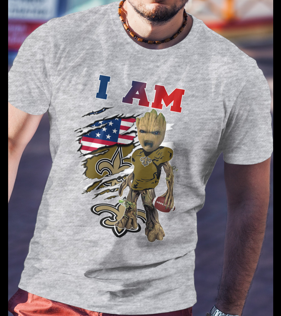 I Am Saints Baby Groot Nfl Football Fleur-De-Lis Usa Flag T-Shirt