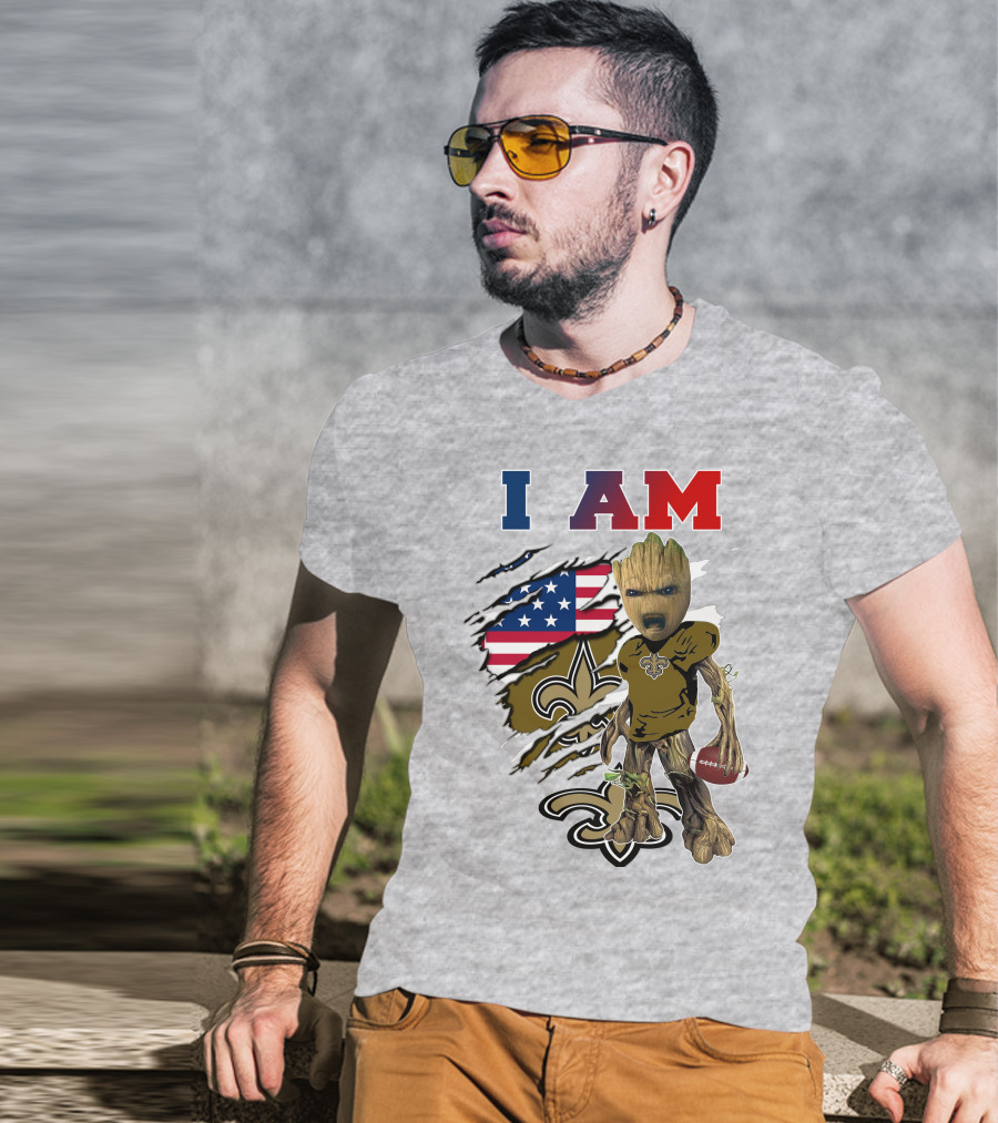 I Am Saints Baby Groot Nfl Football Fleur-De-Lis Usa Flag T-Shirt