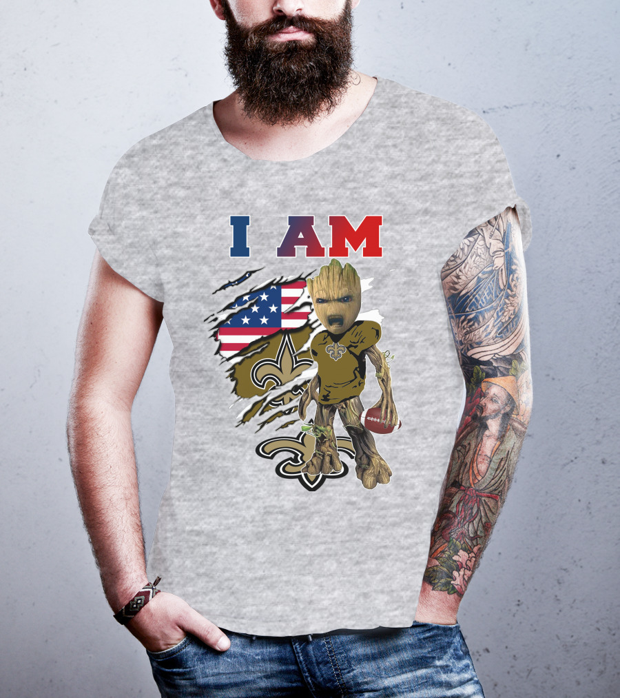 I Am Saints Baby Groot Nfl Football Fleur-De-Lis Usa Flag T-Shirt