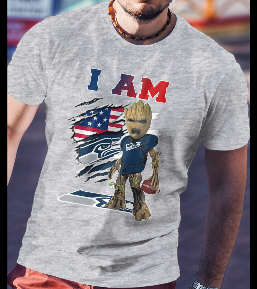 I AM Seahawks Baby Groot Football American Flag T-Shirt