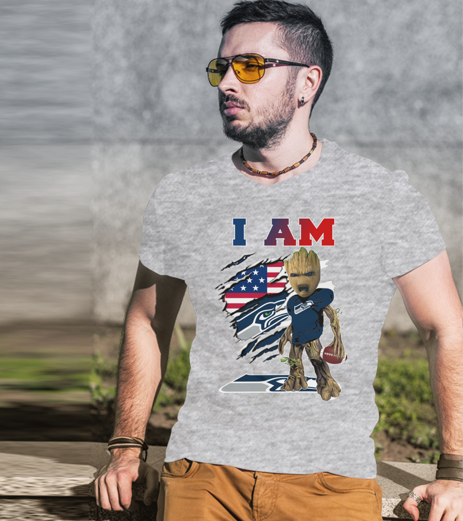 I AM Seahawks Baby Groot Football American Flag T-Shirt