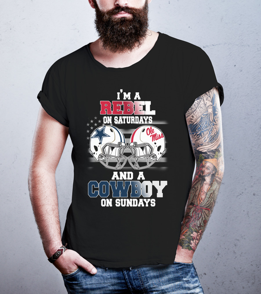 I'm A Rebel On Saturdays And A Cowboy On Sundays Ole Miss Football Helmet Star T-Shirt