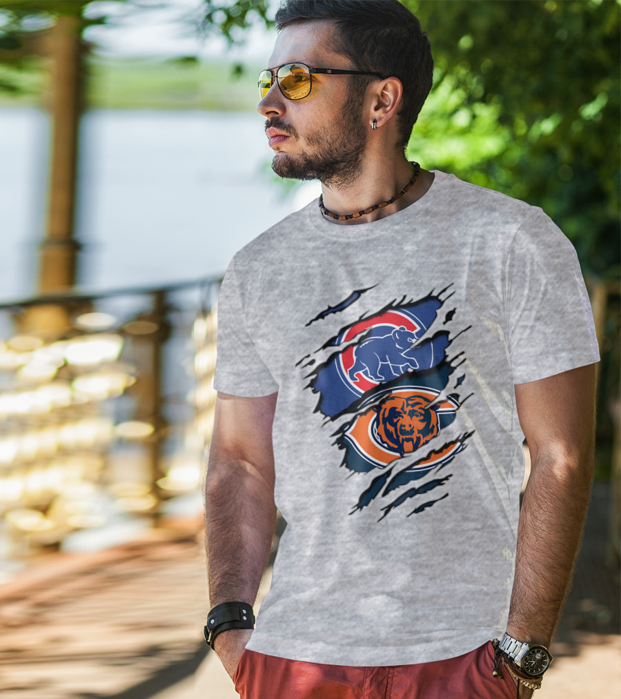 Cubs Bears Dual Logo Design Ripped Tear Combination T-Shirt