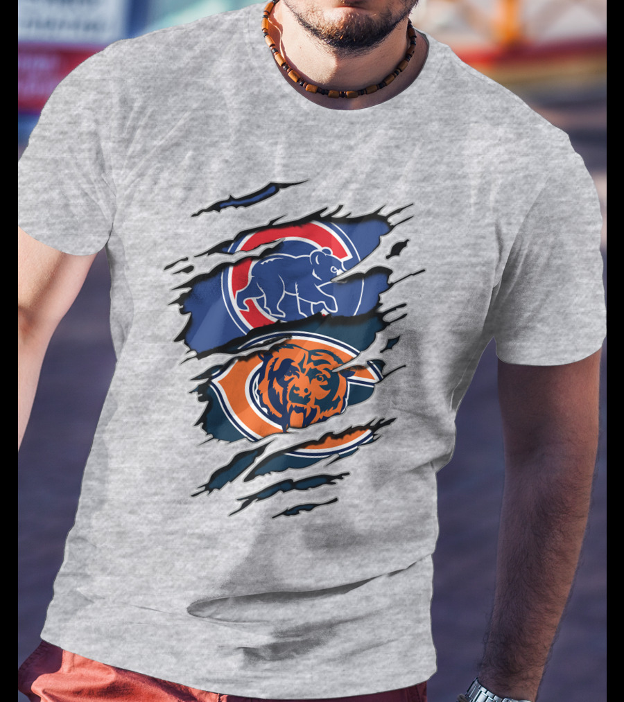 Cubs Bears Dual Logo Design Ripped Tear Combination T-Shirt