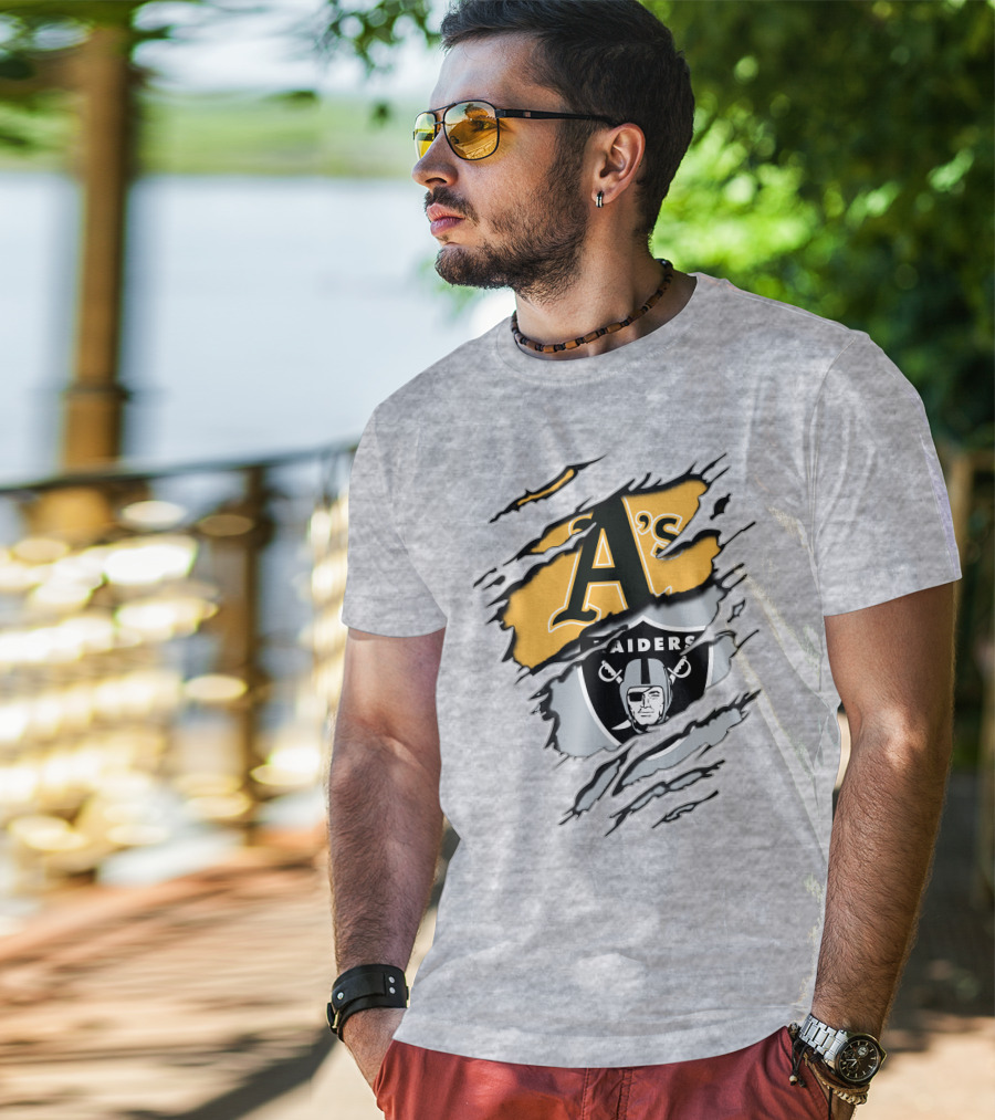 Oakland Athletics Raiders Dual Logo Torn Effect T-Shirt
