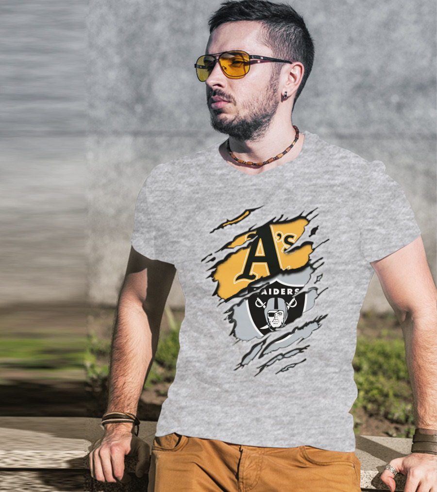 Oakland Athletics Raiders Dual Logo Torn Effect T-Shirt