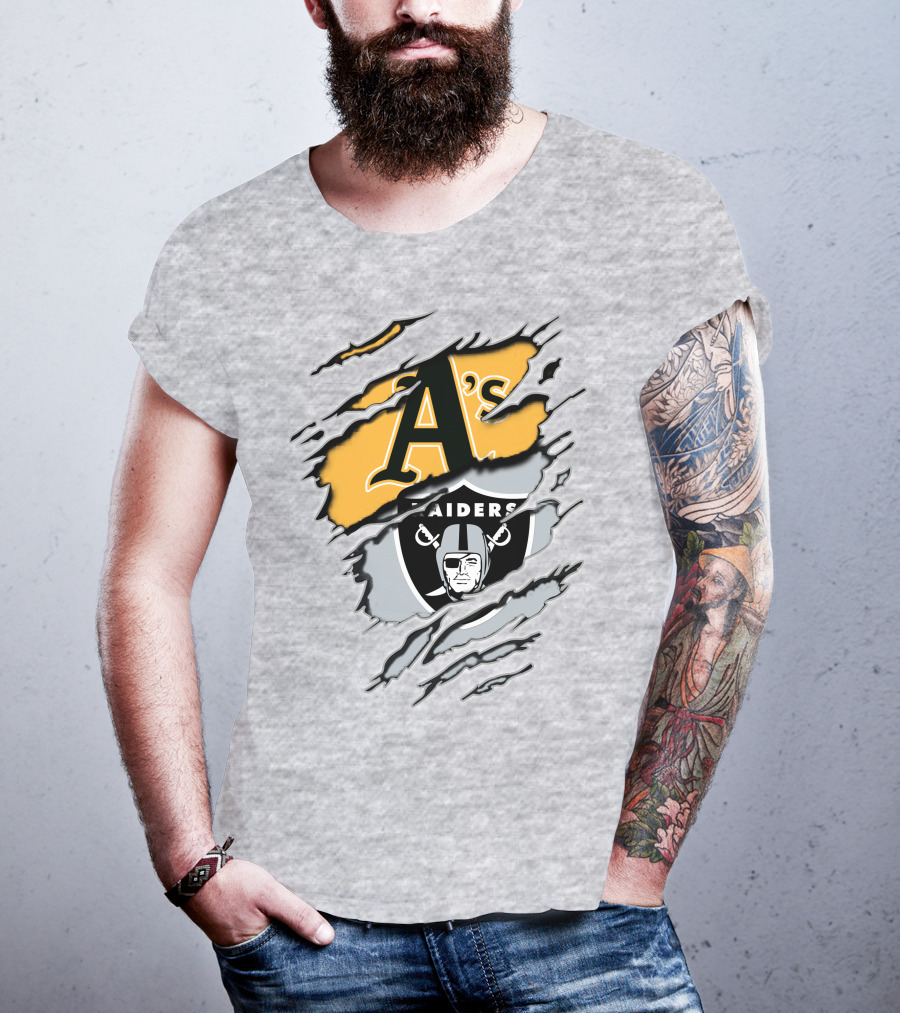 Oakland Athletics Raiders Dual Logo Torn Effect T-Shirt