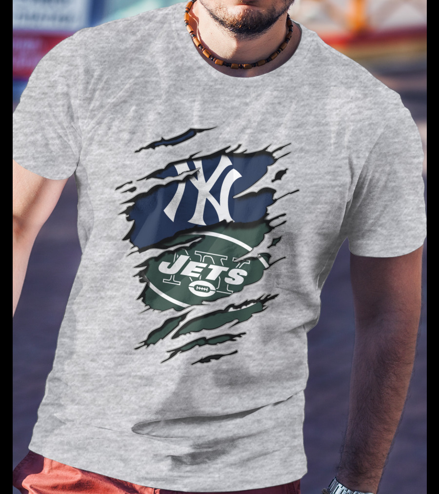 New York Jets Yankees Ny Sports Logos Rip Effect T-Shirt