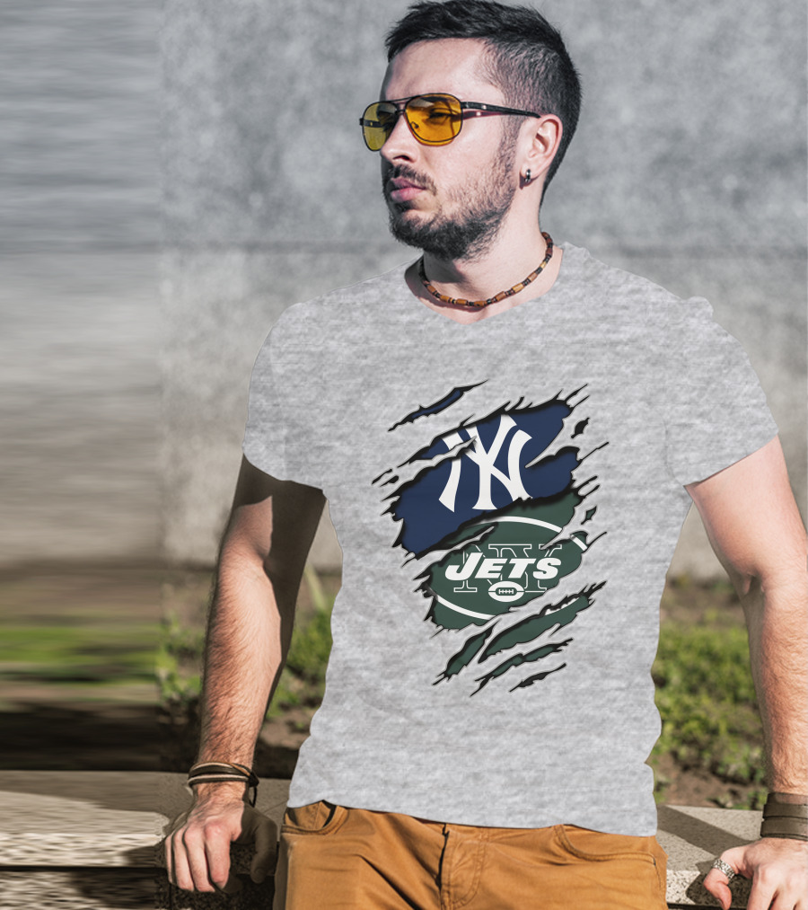 New York Jets Yankees Ny Sports Logos Rip Effect T-Shirt