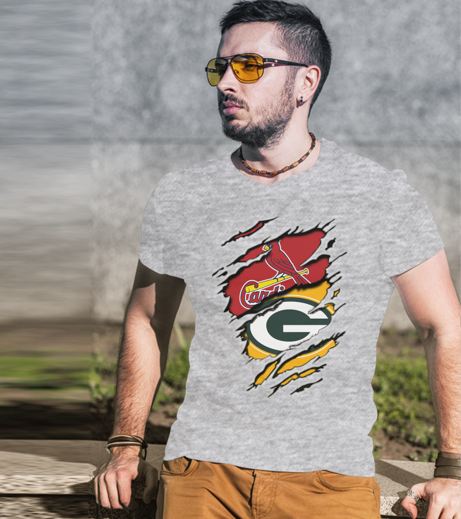 Cardinals Packers Logos Rip Torn Effect T-Shirt