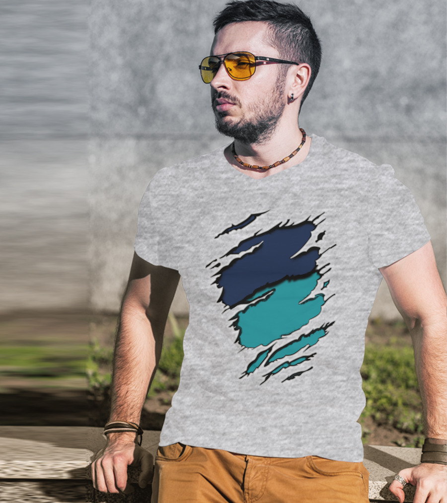 Yan-Dolphins19 Navy Teal Torn T-Shirt