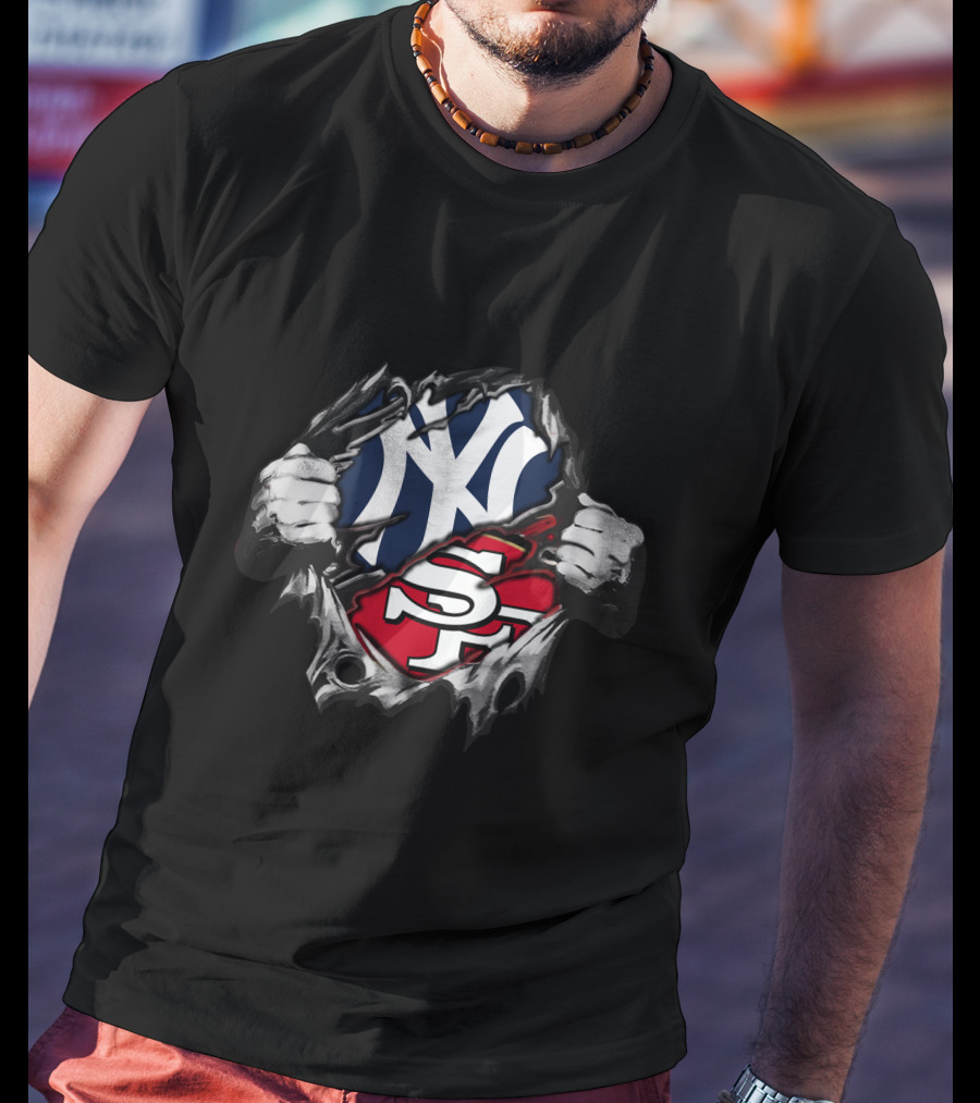 49ers Yankees Logo Fusion With Torn Effect T-Shirt