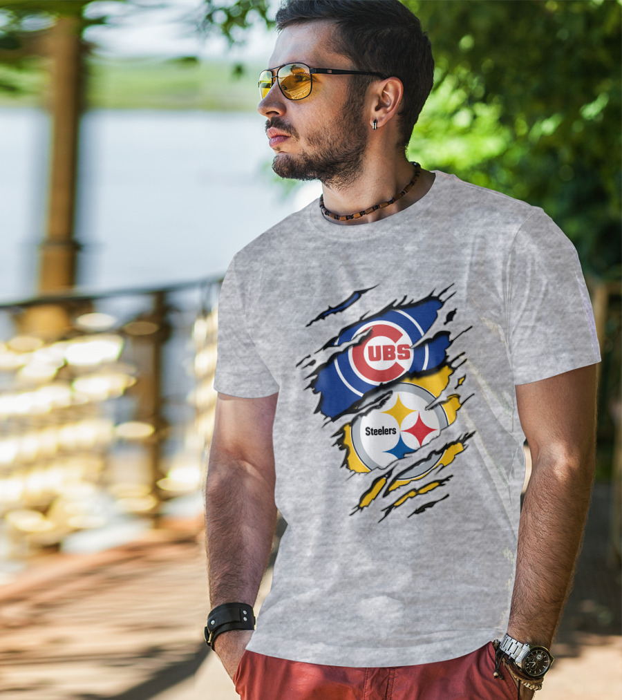 Steelers Cubs Logos With Torn Fabric T-Shirt
