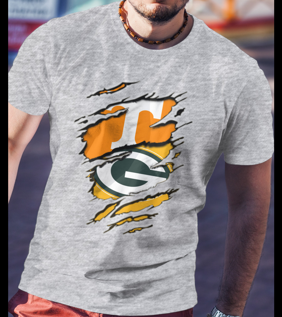 Tennessee Vols And Green Bay Packers Torn Logo Fusion T-Shirt