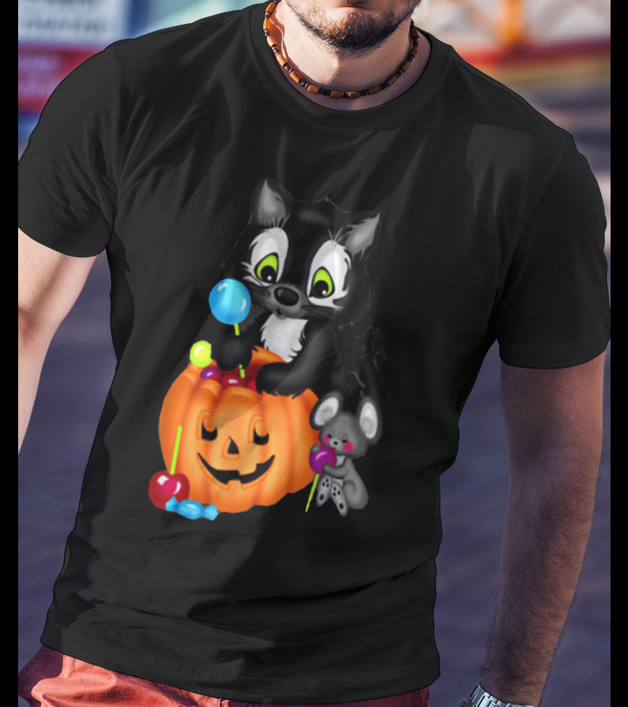 Halowen Cute Cat And Mouse With Candy And Pumpkin T-Shirt