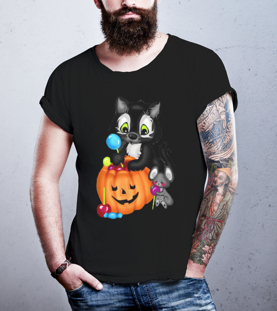 Halowen Cute Cat And Mouse With Candy And Pumpkin T-Shirt