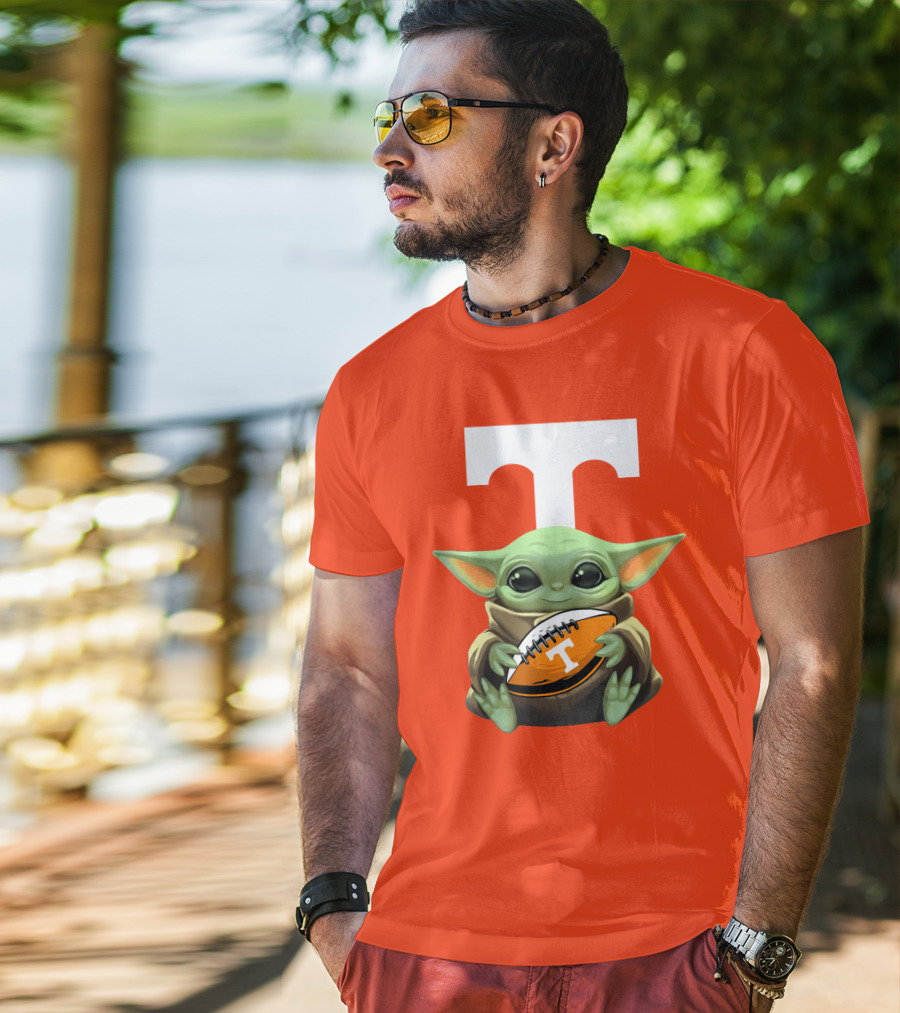 Baby Yoda Holding Tennessee Volunteers Football Ball T-Shirt