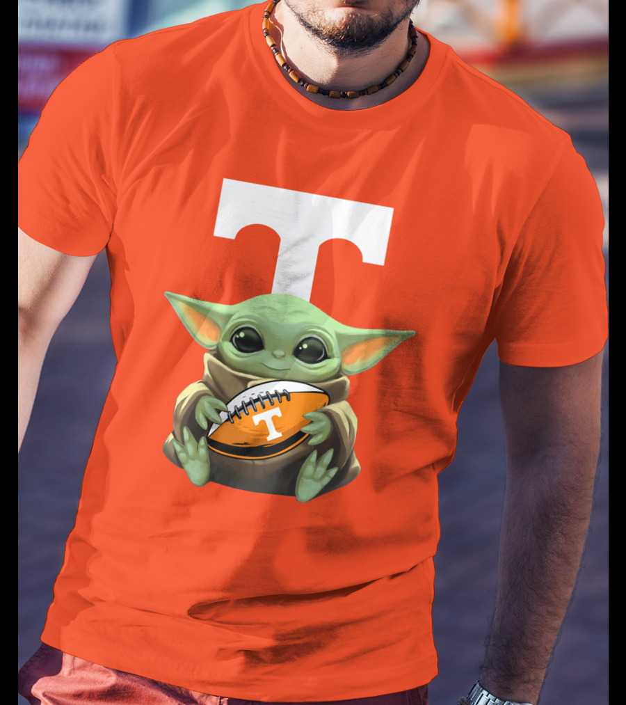 Baby Yoda Holding Tennessee Volunteers Football Ball T-Shirt