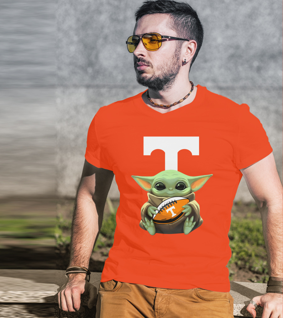 Baby Yoda Holding Tennessee Volunteers Football Ball T-Shirt