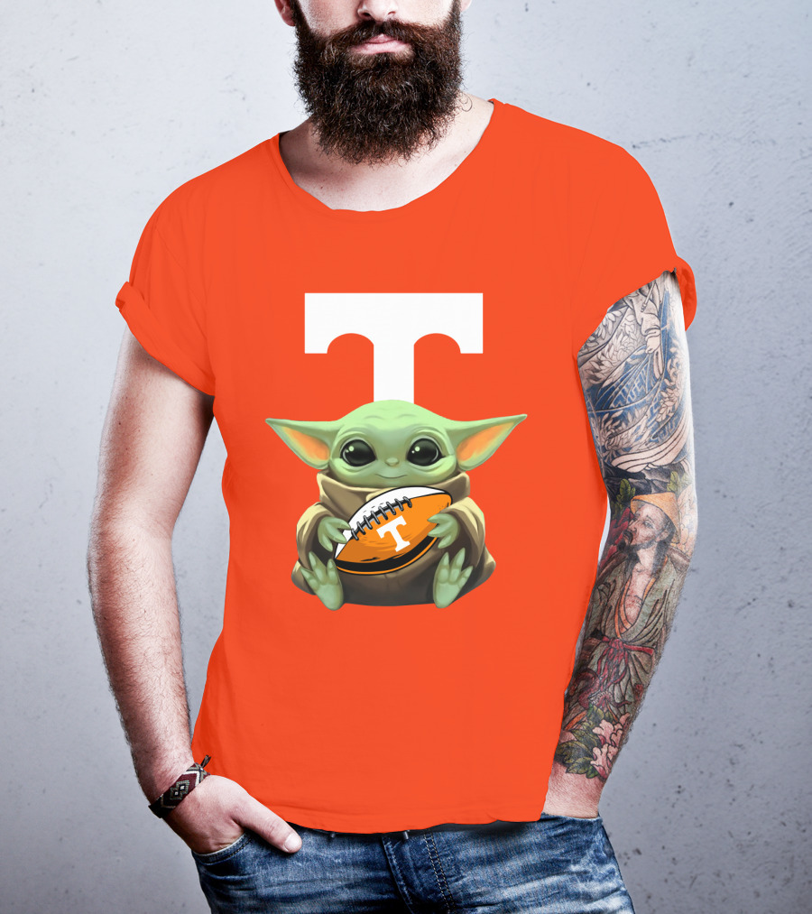 Baby Yoda Holding Tennessee Volunteers Football Ball T-Shirt